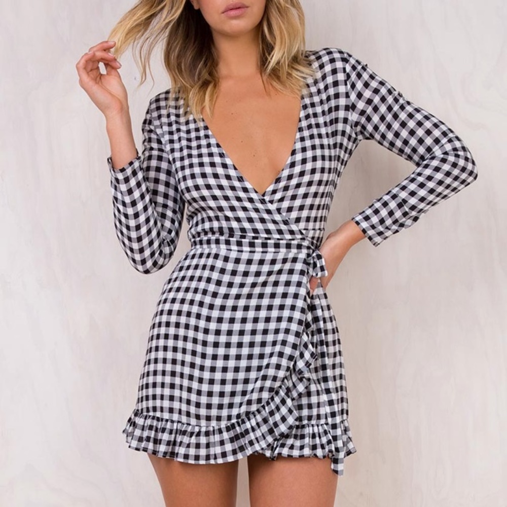 Princess Polly Black White Gingham Wrap Dress XS